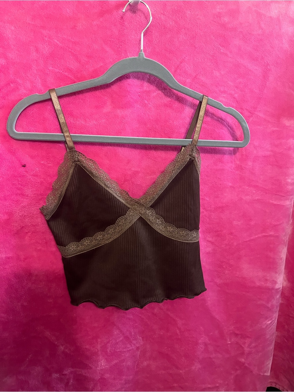 Brown Lace Trim Ribbed Camisole Tank Top